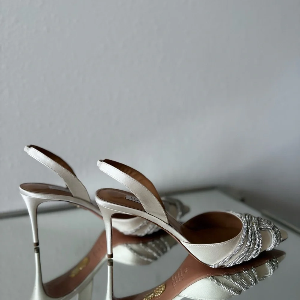 Worn once AQUAZZURA Gatsby 75 crystal-embellished satin slingback pumps - Picture 8 of 16